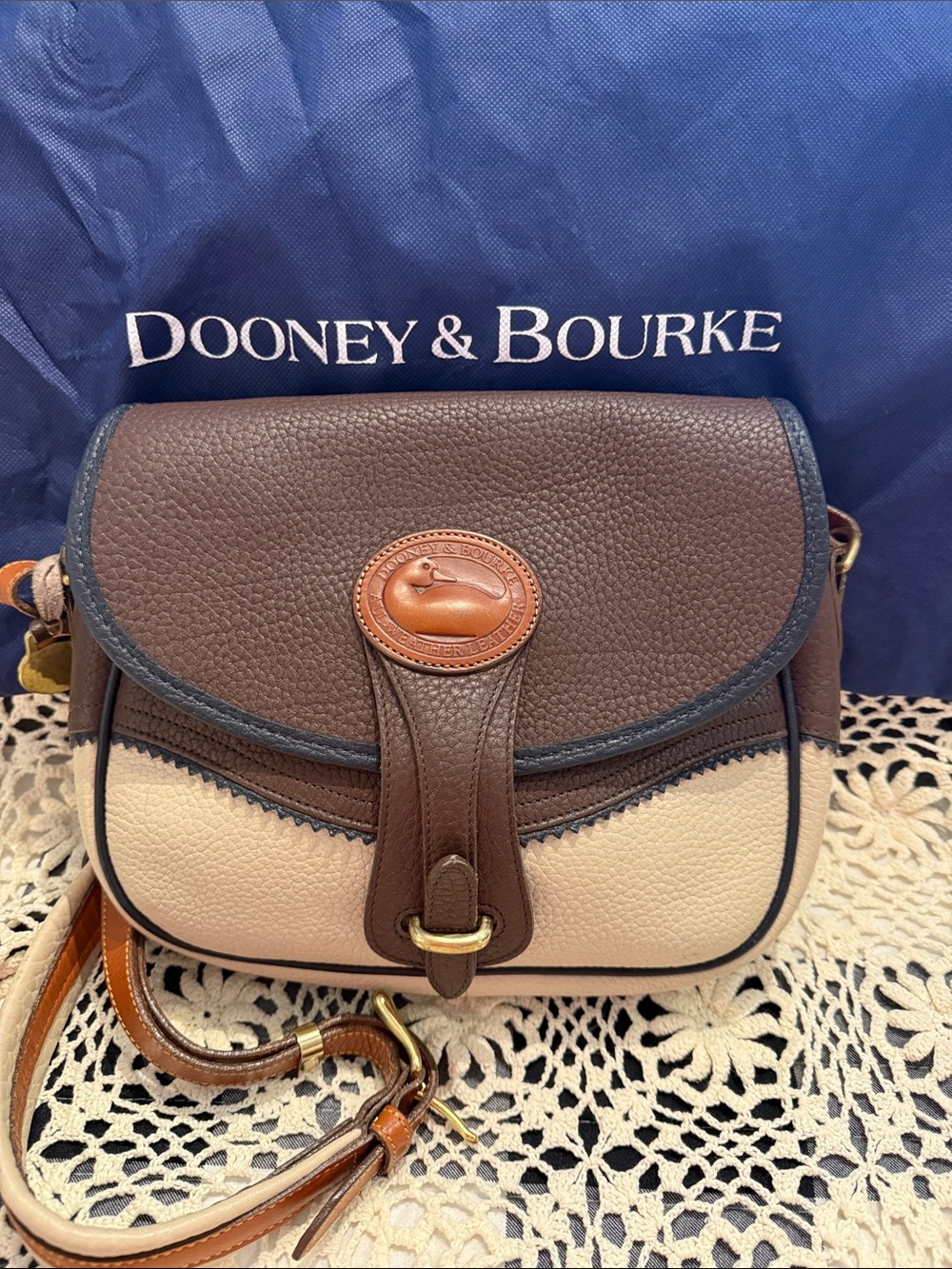 Dooney & Bourke Teton  Vintage Brown and Cream Pebbled Leather Crossbody